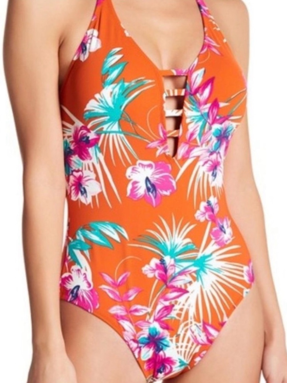 Leilani Floral Ladder-Front Orange One-Piece halter Swimsuit size 16